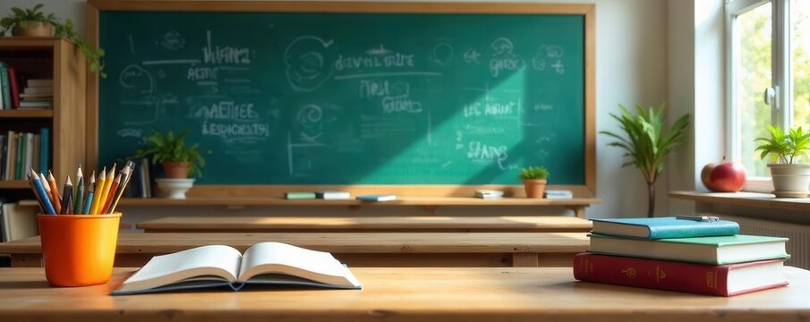 A vibrant classroom setting with an array of school supplies, textbooks, and a chalkboard filled with educational material , knowledge, teaching aids