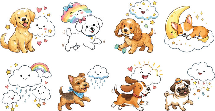 Cute cartoon dogs dreaming in clouds with thought bubbles