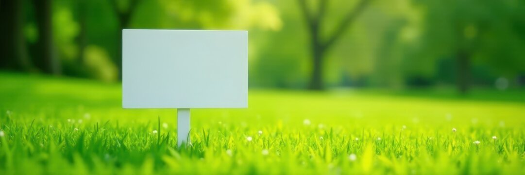 Blank white yard sign in lush green grass, soft focus background , white, background