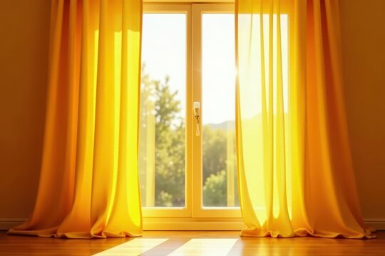 Bold yellow curtains, rich texture, sunlit window , bold, excellent