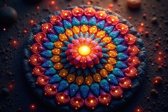 Circular mandala, vibrant colors, swirling patterns, central stone , universe, mystical, color