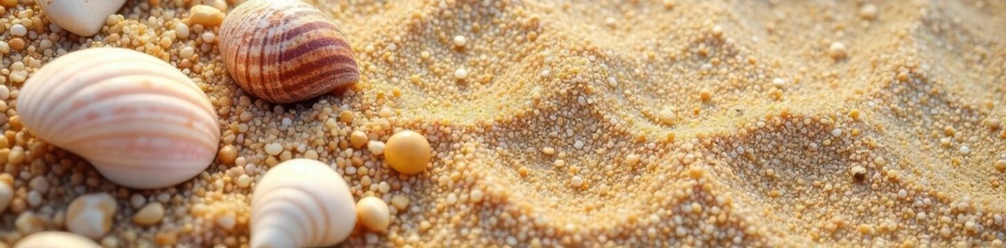 Close-up shot of sandy beach texture with seashells and pebbles, perfect for summer content creation or backgrounds , travel, beauty