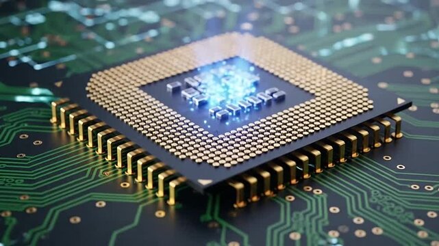 A central processing unit mounted on a complex green circuit board