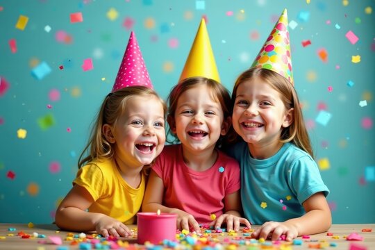 Colorful confetti and streamers swirl around happy children , dynamic, playful