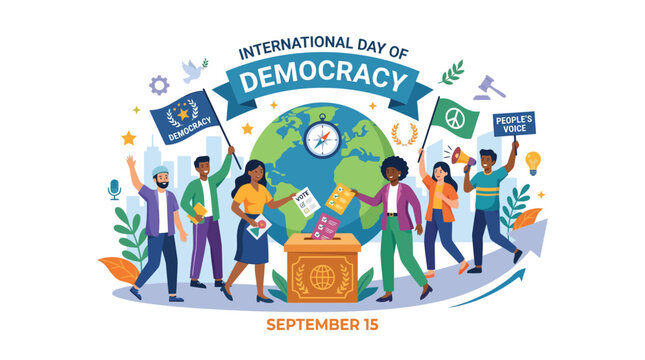 People celebrating International Day of Democracy with voting booth.