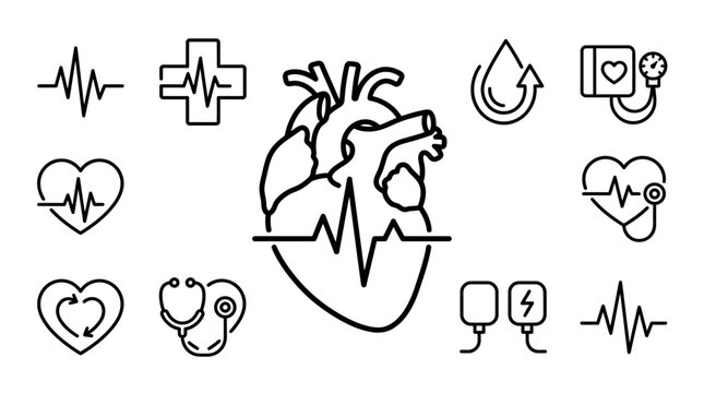 Collection of medical cardiology and heart health line icons.