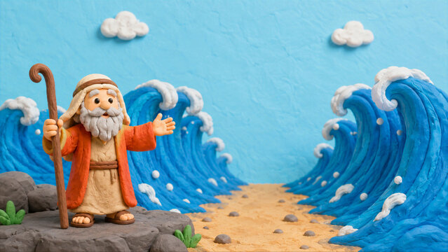 Moses parting the Red Sea for biblical kids story. Plasticine clay model of prophet with staff standing before ocean waves. Educational religious scene for sunday school lesson.