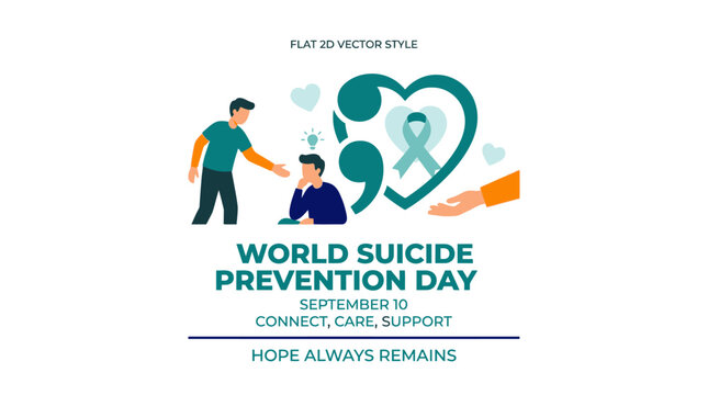 World Suicide Prevention Day flat vector heart semicolon ribbon.