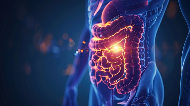 Detailed 3D medical illustration showing human colon and rectum anatomy, visualization of colorectal cancer tumors, comparison between healthy intestinal tissues and malignant lesions for clinical 