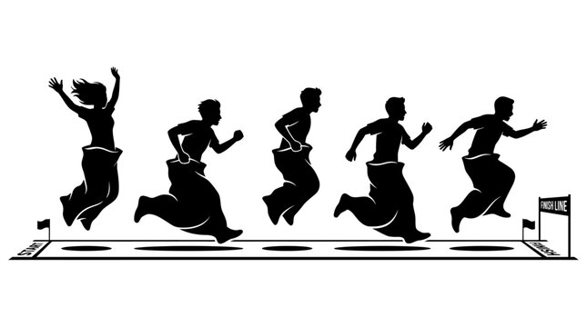 Action silhouettes of people competing in a sack race.