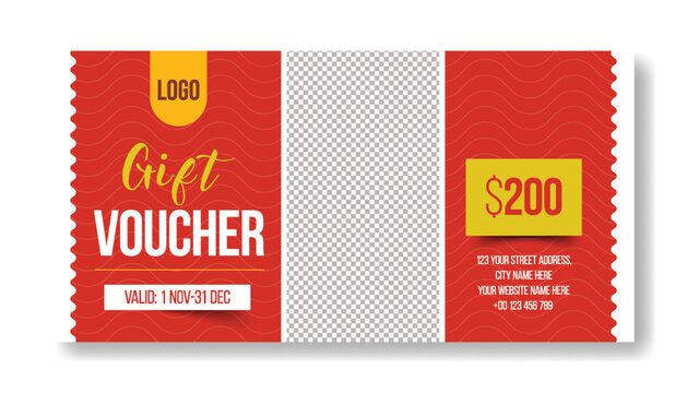 Gift voucher template for restaurant and fast food burger shop with red background and wave patterns featuring 200 dollar discount offer layout for marketing promotion business branding designs