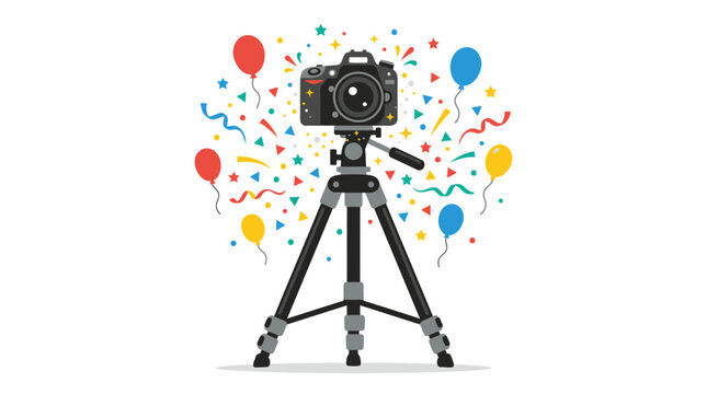 Digital SLR camera on tripod with colorful party balloons.