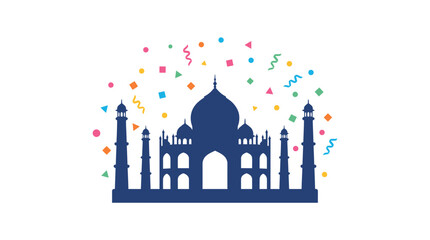 Obraz premium Blue silhouette of Taj Mahal with colorful celebratory confetti.