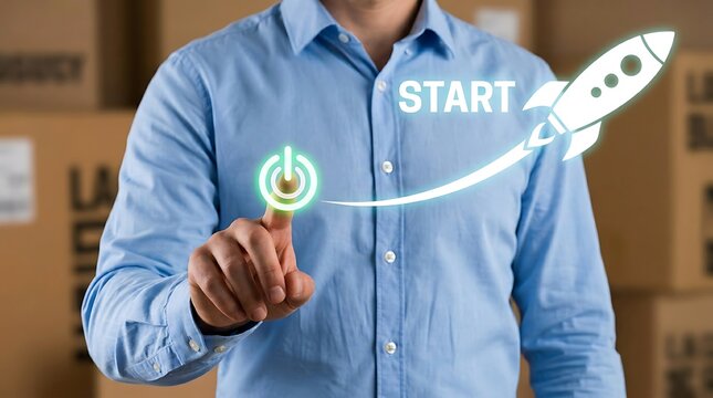 Business startup concept showing man pressing virtual power button launching glowing rocket symbol for new project launch