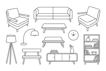 Collection of isometric furniture icons featuring sofas armchairs tables floor lamps cabinets and bookshelves for interior design visualization home planning. © Pixels-Stock