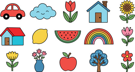 Cute Kawaii Doodle Icon Set with Colorful Car Flowers House Fruits Rainbow and Cloud Elements for Kids Designs © Rawpixel.com