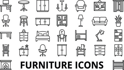 Home interior furniture outline line icon set featuring sofa table bed wardrobe chair lamp bookcase and house decor symbols © Prince7011