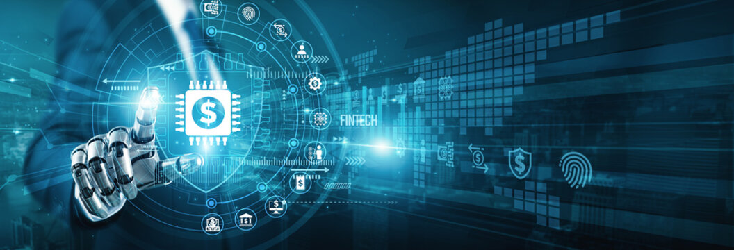 Coin robot hand touch cash shield FINTECH innovation. Modern financial technology simplifies online payments and banking services for consumers and businesses in the global digital economy.