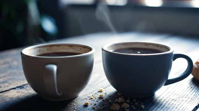 Two steaming cups of coffee on a rustic wooden table with crumbs morning light