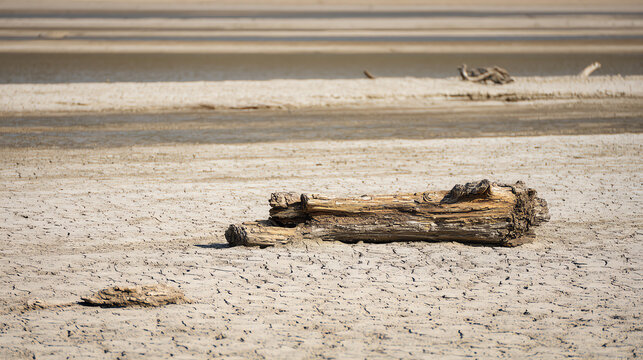 A desolate landscape showcasing a dry lakebed with cracked earth and a piece of driftwood, highlighting environmental challenges.