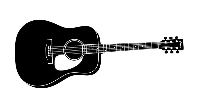 Detailed black silhouette of a classic acoustic guitar showing strings, frets, and body shape, isolated on a clean white background for music design concepts.