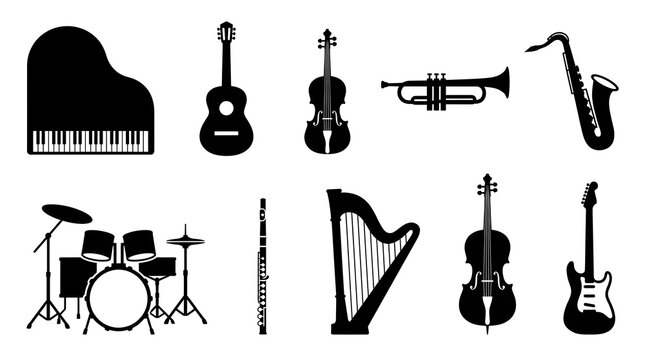 A collection of various musical instrument silhouettes including piano, guitar, violin, trumpet, saxophone, drums, flute, harp, cello, and electric guitar isolated on a white background.
