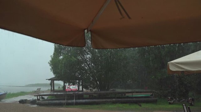 Rainfall intensifies over a lakeside area with umbrellas providing shelter, showcasing trees, a wooden dock, and a distant boat under a cloudy sky