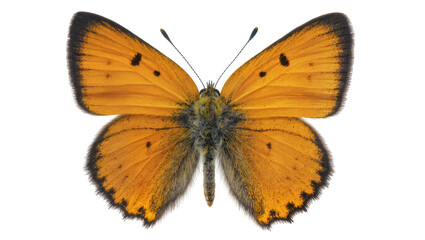 Isolated vibrant orange butterfly with black markings and furry body, spread wings, detailed shot © Vincent