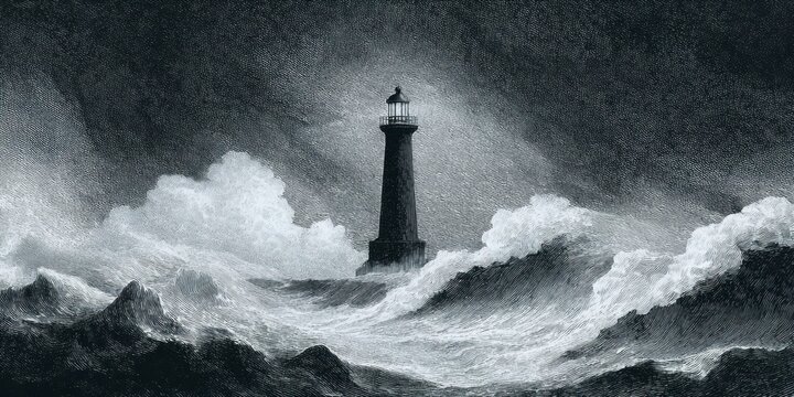 an engraving art of a lighthouse in the middle of a stormy sea, in black and white.
