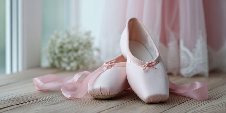 closeup of soft pink ballet shoes with ribbons laying on a wooden floor, with a blurred ballerina costume in the background