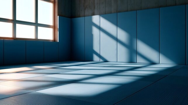 Empty dojo space featuring blue training mats and padded walls, with sunlight casting strong shadows through a large window, creating a serene atmosphere for martial arts practice or meditation