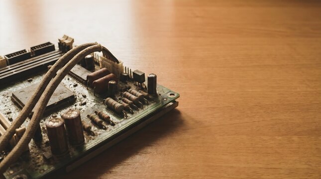 Vintage computer motherboard with aged electronic components and cables