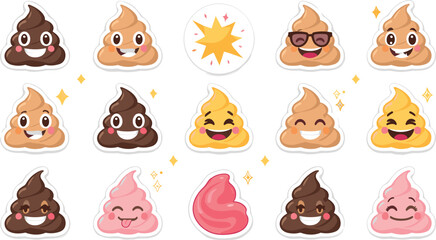 Obraz premium Cute Poop Emoji Sticker Vector Set with Funny Cartoon Swirl Characters, Sunglasses, and Expressive Faces for Chat Apps and Graphic Designs