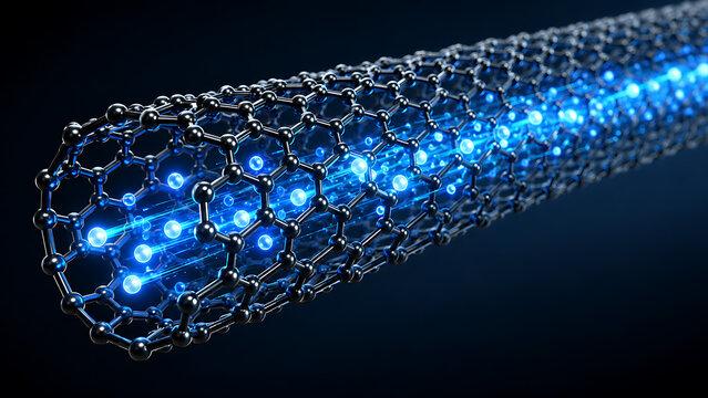 Glowing Energy Flow Through Carbon Nanotube Structure | Futuristic Graphene Nanotube With Blue Light Particles | Nanotechnology Conductive Tube For Advanced Materials