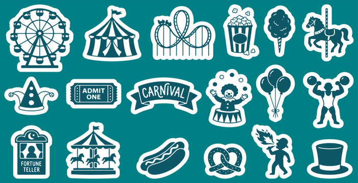 Set of carnival and fairground themed stickers including Ferris wheel, circus tent, roller coaster, popcorn, cotton candy, carousel, and various other fun elements.