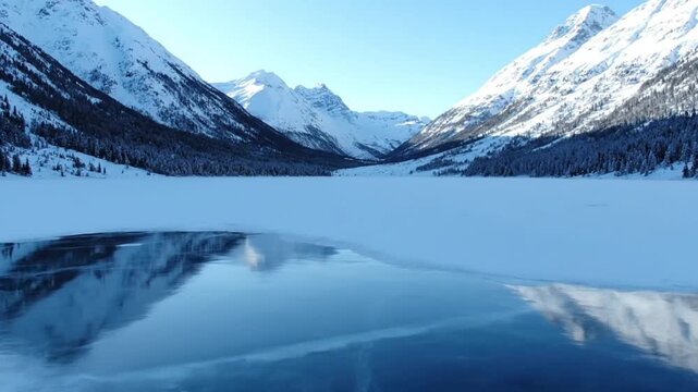 Winter landscape of a frozen lake reflecting snow-capped mountain peaks a breathtaking view of a cold, surface the massive, snow-covered mountains towering in the background under