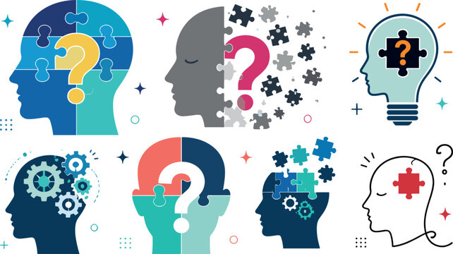 Human Head Profile Vector Set with Puzzle Pieces, Question Marks, and Gears for Psychology, Mental Health, Logic Problem Solving, and Brain Storming Designs
