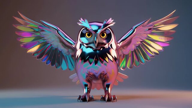 Stylized iridescent metallic owl with open wings.