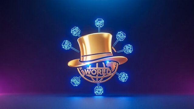 A gold top hat sitting on a globe with the word world and surrounded by glowing blue circuit boards on a dark background with purple and blue lighting effects