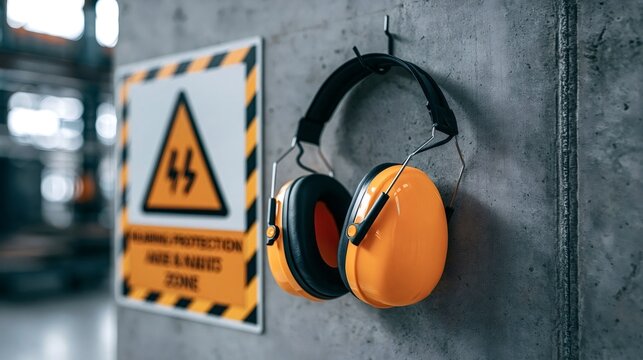 Orange industrial ear muffs hanging on a hook next to a blurred hearing protection area warning sign on a concrete wall, emphasizing workplace safety and noise reduction