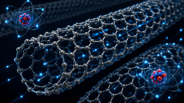 Carbon Nanotube Molecular Structure With Atomic Models | Graphene Nanotube Science Background With Blue Particles | Futuristic Nanotechnology Tube And Atomic Lattice