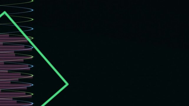 Neon green diamond shape with purple horizontal glitch lines on dark background