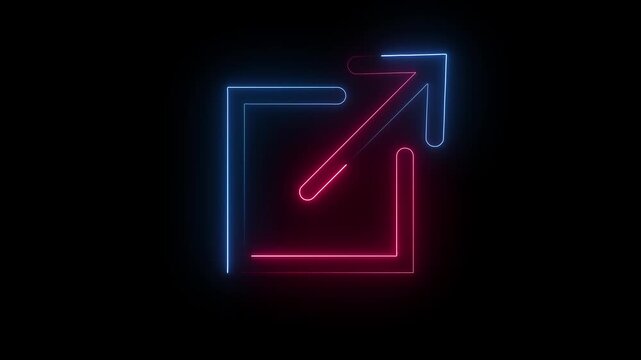 A neon icon of an arrow pointing outwards from a square, symbolizing an external link or open in new window. on black background.