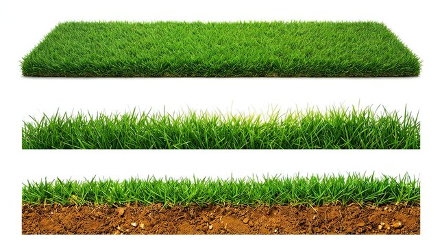 Three different views of green grass sections on a white background lawn turf