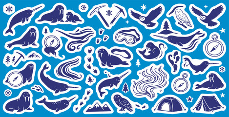 Arctic Animals and Expedition Gear Sticker Set: Walruses, Narwhals, Owls, and Tents in a Blue Background. © Riki