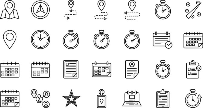 Time management icons, business productivity symbols, schedule organization graphics, 25 line icons set