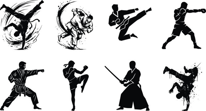 Martial arts silhouette icon set featuring karate judo boxing capoeira kickboxing and kendo athletes