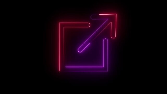 A neon icon of an arrow pointing outwards from a square, symbolizing an external link or open in new window. on black background.