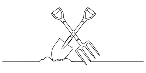 Crossed shovel and garden fork line art illustration © Nikhil Ray