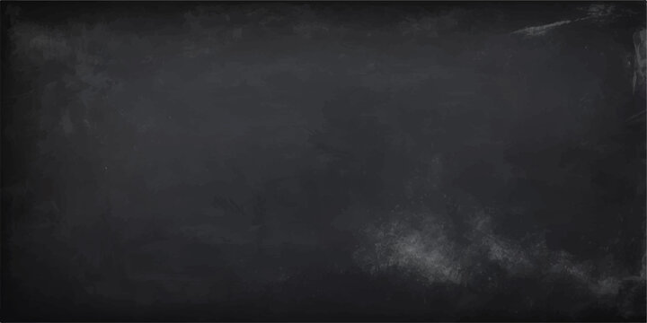 Old vintage black chalkboard texture background with chalk dust, empty dark grunge board surface and grey worn design